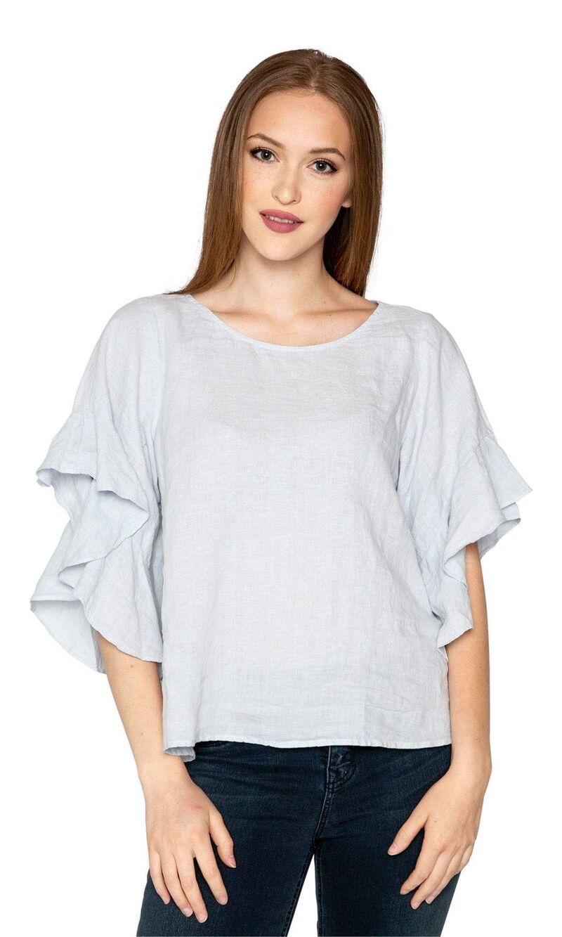 Velvet By Graham & Spencer $184 Alberta Ruffle Sleeve Linen Blouse Pale Blue S N